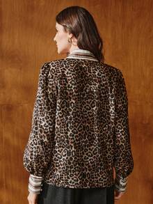 Anewsta Women's Animal Print High Collar Tie Long Sleeve Blouse, Autumn/Winter - Multicolor - View 3