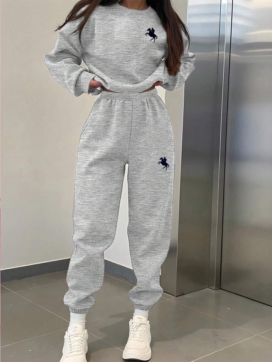 SHEIN 2pcs/Set Teen Girls Casual Minimalist Crew Neck Long Sleeve Thick Sweatshirt And Pants Set, Suitable For Autumn/Winter - Grey - View 1