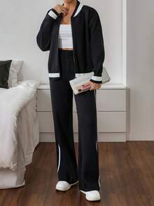 EURMUSE Minimal Varsity-Style Black Knit Co-Ord Set With Contrast Trim And Zip-Up Front