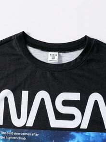 夏季男童宇航员图案休闲圆领套头T恤，带字母印花 - 黑色 - 查看 3