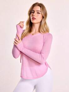 Gameset SHEIN Sport 女士纯色长袖连帽休闲卫衣 - 粉色 - 查看 7