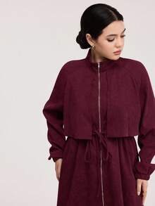 Veilorie 女式休闲纯色拉链夹克和裤子两件套 - 酒紅色 - 查看 1