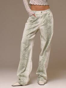 MUSERA 水洗蛇纹阔腿牛仔裤，酷女孩街头风，可爱秋冬春夏款 - 綠色 - 查看 2