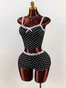 Amplova Set 2 Potong Atasan Camisole dan Celana Pendek Mini Motif Polka Dot dengan Hiasan Pita dan Renda Warna Kontras - MultiWarna - View 3