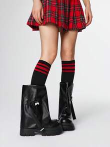 ROMWE 女士暗黑摇滚朋克风弹力套脚靴，粗跟派对礼服过膝长靴，粗跟骑马皮靴，踝靴 - 棕色 - 查看 2