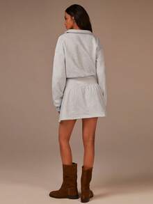 Athîral Women's Casual Grey Belted Zip-Up Half-Open Sweatshirt Dress, Soft And Warm Knit Fabric, Autumn And Winter Outfits, Grey Shorts Dress,Clothes For New Year - Light Grey - View 2