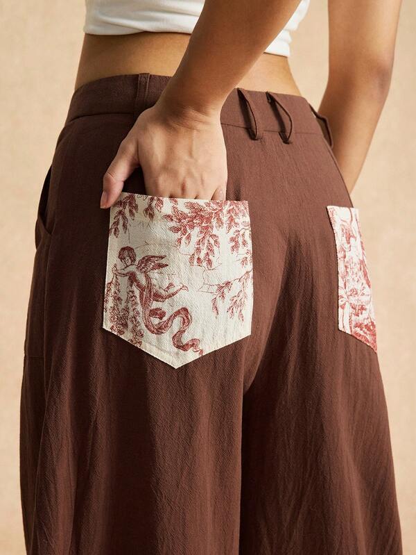 Easelle Vintage Casual Women's Plain Woven Brown Casual Pants Women's Winter Clothes Brown Pants Baggy Print