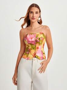 CAJUNI 女士花卉印花优雅吊带背心，隐形肩带 - 彩色 - 查看 4