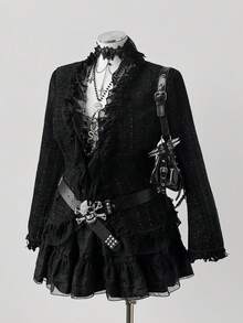 Sunspun Áo khoác cardigan dáng công chúa cỡ lớn thanh lịch, vải voan viền bèo nhún, áo khoác cardigan dài tay thời trang tối giản đa năng, áo khoác cổ vải họa tiết, áo khoác vest đen cho mùa thu/đông - màu đen - Xem 3