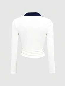 INAWLY 2 piezas Camisetas polo de manga larga negras y grises bordadas de estilo casual para mujer, ajustadas para exteriores