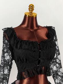 Amplova Top vintage romantique avec encolure carrée ajustée, manches évasées, boutons champignons, patchwork de dentelle et volants à l'ourlet - Noir - Voir 5