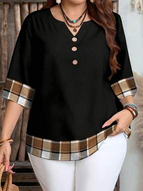 EMERY ROSE Plus Size Women's Casual Romantic Plaid Pattern Colorblock Print Round Neck Loose 3/4 Sleeve Shirt, Black