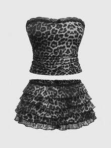ROMWE J-Fashion Y2K原宿风豹纹蛋糕裙短裤抹胸两件套，大码 - 黑色 - 查看 1