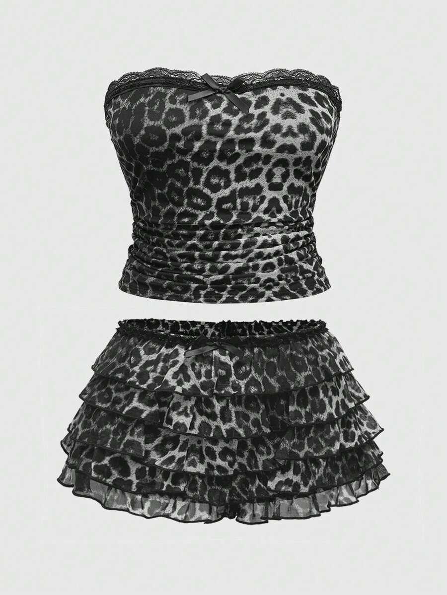 ROMWE J-Fashion Y2K原宿风豹纹蛋糕裙短裤抹胸两件套，大码 - 黑色 - 查看 1