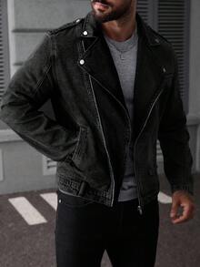 Manfinity Roughcore Men's Medium Blue Mature Street Style Denim Long Sleeve Jacket With Collar And Zipper - Black - View 6