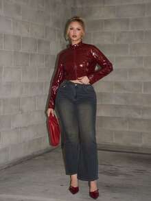 Arliah Veste courte bordeaux avec fermeture éclair, streetwear pour femme - Rouge foncé - Voir 5
