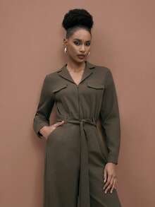 JIAN LASALA Zipper-Up Collared Long Sleeve Wide-Leg Woven Jumpsuit With Waist Tie Women Casual Wear Pantsuit For Women Elegant Jumpsuit Women Jumpsuit Women Jumpsuits Elegant Jumpsuits Long Sleeve Jumpsuit Earthy Clothes Women Jumpsuits Brown Jumpsuit Women Work Jumpsuits For Women Jumpsuits Women Jumpsuits Work Jumpsuits For Woman Women Jumpsuits Long Sleeve Jumpsuits For Woman Beach Wedding Guest - Army Green - View 7