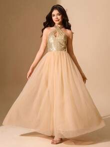 Elegant Champagne Gold Sequin Mesh Spaghetti Strap Sleeveless Summer Maxi Dress For Teens,Flower Girl,Wedding,Prom,Christmas,Graduation - Champagne - View 7