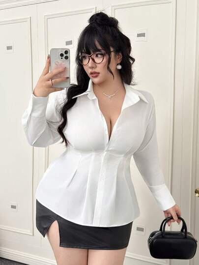 CovetEZ قميص كاجوال بأكمام طويلة بأزرار أمامية، لون واحد، مقاس كبير