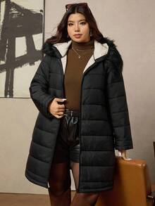 Zelara 加大码女式黑色双面连帽冬装长款棉质外套，适合秋冬季节穿着，加厚保暖。另有带毛领和帽子的长袖黑色杏色撞色绗缝外套，毛绒连帽，保暖舒适，拉链设计，复古风格，亮片点缀，适合秋冬季节穿着，防风防水，带口袋，是节日外套的理想之选。 - 黑色 - 查看 4