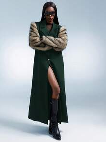 GENKIRA Autumn/Winter British Style Double-Layer Elastic Patchwork Faux Fur Long Loose Jacket - Green - View 4