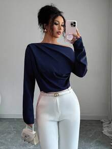 Elenzga Women's Autumn New Oblique Shoulder Ruffle Long Sleeve Blouse - Navy Blue - View 5