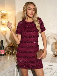 SHEIN Clasi Đầm dự tiệc thu đông dành cho nữ, Đầm tua rua sequin màu đỏ tía, thích hợp cho tiệc tùng, Giáng sinh, năm mới - Màu Đỏ Sâu - Xem 7
