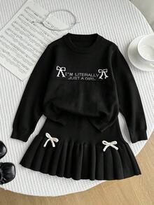 SHEIN Playful Pals 女童蝴蝶结毛衣和裙子套装，秋冬 - 黑色 - 查看 5
