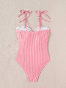 Swim Mod Women's Sexy Tight Lace Holiday Blue And White Striped Casual One-Piece Swimsuit For Summer Beach Vacation