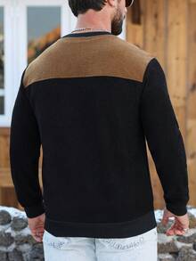 Manfinity CasualCool Sweat-shirt col rond en velours côtelé patchwork pour hommes, noir et marron, couleurs d'automne/hiver, pièce essentielle et chaude pour l'hiver, peut être porté en couche intérieure ou extérieure - Noir - Voir 2