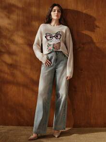 Anewsta Herbst/Winter französischer eleganter lässiger Oversized bestickter Kirsch Katzen Rundhals Pullover, geeignet für Frühling, Sommer, Herbst, Festivals, Feiertage, Urlaub, elegant, Business-Lässig, schick - Aprikosenfarben - Übersicht 6