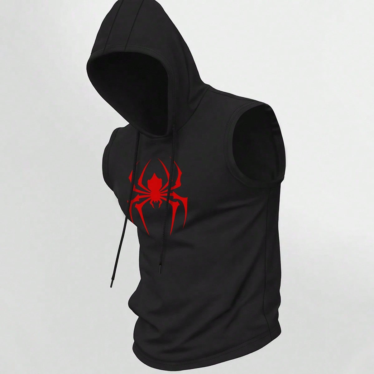 Camiseta de tirantes con capucha y estampado de araña para hombre, color negro, con un llamativo estampado de araña roja, de longitud regular para e