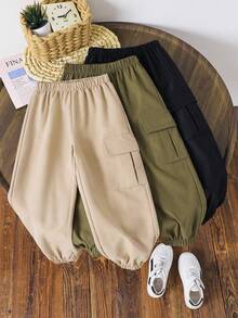 SHEIN 3件套男童休闲运动街头风可爱度假宽松抽绳裤，黑色装饰款，绿色抽绳裤，卡其色抽绳裤，适合日常穿着、上学、旅行、运动，春夏秋冬皆宜。 - 彩色 - 查看 6