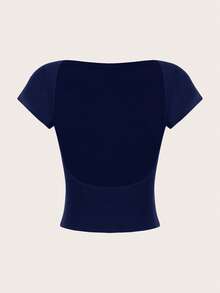 SHEIN EZwear 2件/套露背酒红色纯色圆领短袖修身露脐女式T恤，适合夏季穿着 - 彩色 - 查看 4