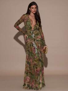 SHEIN BAE Váy cổ chữ V sâu in hoa gợi cảm thời trang dành cho nữ - màu xanh lá - Xem 5