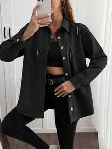 EURMUSE Solid Color , Rhinestone Details, Over Shirt Jacket - Black - View 4