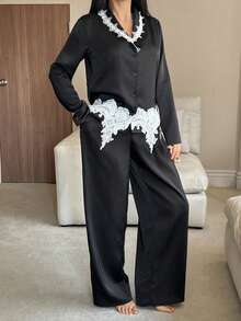 DAZY Charming Satin Contrast Color Lace Trim Decorated Women Pajama Set, Winter Clothes