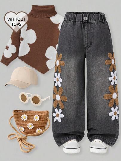 年轻女孩时尚雪花水洗做旧花卉刺绣阔腿牛仔裤，70年代女孩向日葵“我和我”70年代儿童妈妈和我