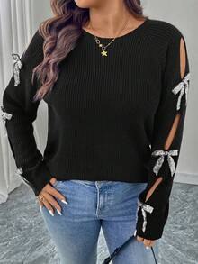 SHEIN LUNE Plus Size Hollow Out Casual Knit Sweater With Playful Sequin Bow Decor Bow Top Women Black Sweater Winter Party Graduation Elegant Sequin Elegant Graduation Christmas New Year Winte Shiny - Black - View 4