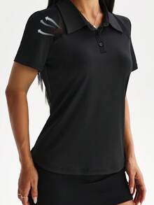 Dewbera Women's Casual Loose Fit Mesh Splice Polo Shirt, Suitable For Daily Wear, Running, Yoga, Gym, Tennis, Golf, Etc. Spring/Summer/Autumn Polo Dress Women - Black - View 6