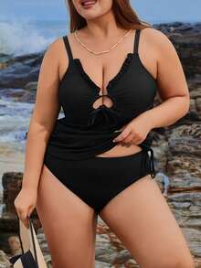 Swim Lushoire Plus Size Women Ribbed Fabric Chest Tie Strap Top Paired With Ruched Waist Slimming Elegant Casual Beach Pool Swimwear Set - Black - View 5