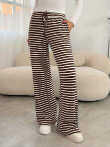 SHEIN Tall 舒适休闲纯色针织低腰阔腿女式运动裤 - 棕色 - 查看 9