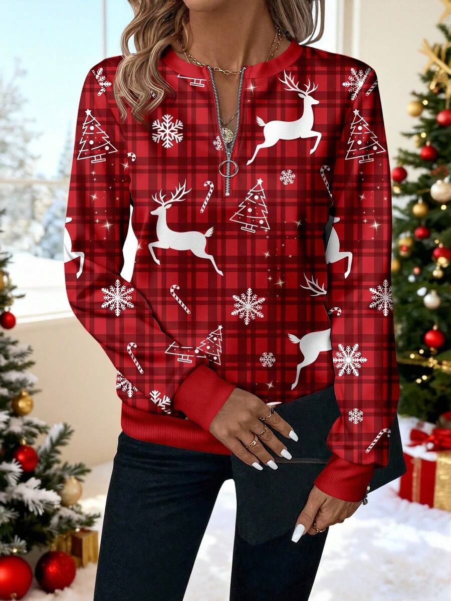 EMERY ROSE Women's Front Half-Zip Round Neck Sweatshirt, Suitable For Autumn/Winter Winter Tops For Women Christmas Shirt Red Plaid Top Women Blouses Long Sleeve New Year Party - White - View 1