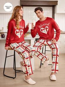 CoupledUp Valentine's Day Plaid Heart Pattern Contrast Color Long Sleeve Top & Pants Men's Loungewear Set,Black And White Plaid,Autumn,Casual,Home Couple Pjs - Multicolor - View 1