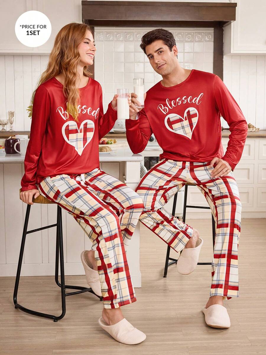 CoupledUp Valentine's Day Plaid Heart Pattern Contrast Color Long Sleeve Top & Pants Men's Loungewear Set,Black And White Plaid,Autumn,Casual,Home Couple Pjs - Multicolor - View 1