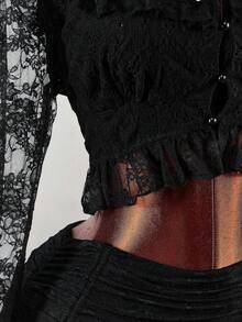 Amplova Top vintage romantique avec encolure carrée ajustée, manches évasées, boutons champignons, patchwork de dentelle et volants à l'ourlet - Noir - Voir 6