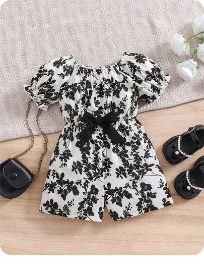 SHEIN 女婴可爱花卉印花短袖连体衣，夏季