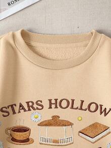 EMERY ROSE Stars Hollow Imitation Embroidery Effect PatternSweatshirt, Cozy Fall Crewneck Sweatshirt, Coffee Book Lover Gift, Cozy Season Sweatshirt - Khaki - View 4