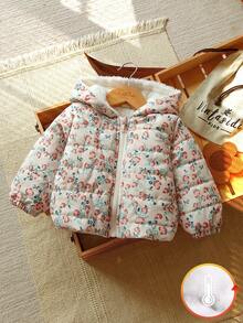 1件女婴冬季拉链长袖数码印花羽绒服，适合户外旅行，提供充足的保暖保护，时尚实用，让宝宝在冬季探险中既温暖又时尚。