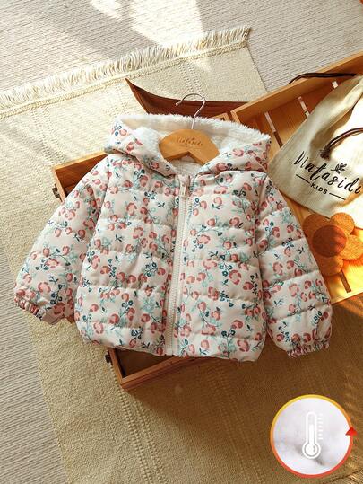 1pc Baby Girls' Winter Zip-Up Long Sleeve Digital Print Padded Coat, Suitable For Outdoor Travel, Provides Ample Warmth Protection, Fashionable And Practical Style, Keeps Little One Warm And Stylish In Winter Adventures